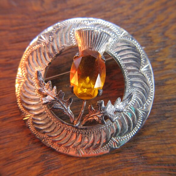 Antique 1917 Ward Brothers 925 Silver Thistle brooch w/ faceted citrine stone - Picture 6 of 9